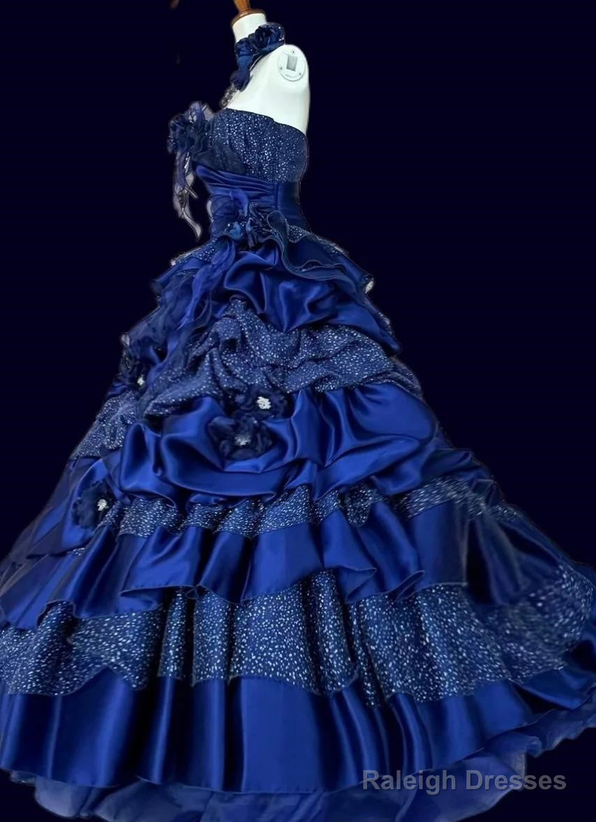 Vintage A-Line Strapless Satin Tulle Long Ball Dresses Klein Blue 3D Applique Prom Dresses