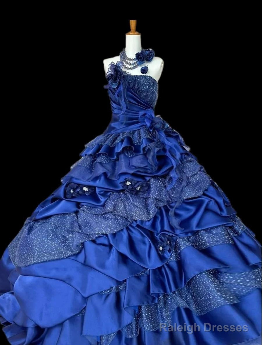 Vintage A-Line Strapless Satin Tulle Long Ball Dresses Klein Blue 3D Applique Prom Dresses