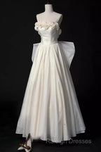 Vintage A Line Strapless Satin White Long Wedding Dresses Brides Dress