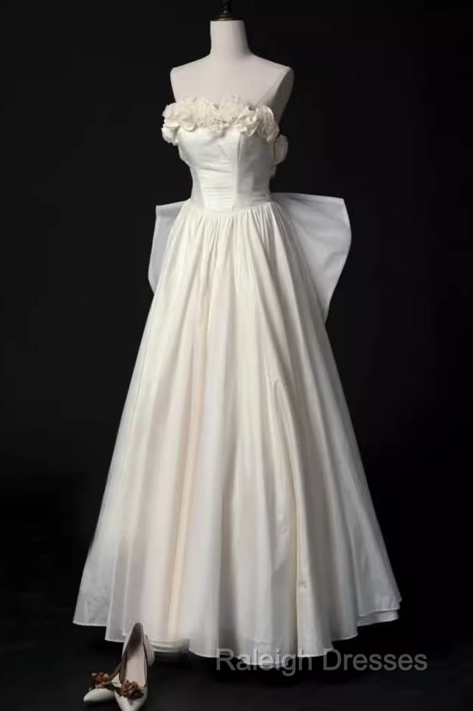 Vintage A Line Strapless Satin White Long Wedding Dresses Brides Dress