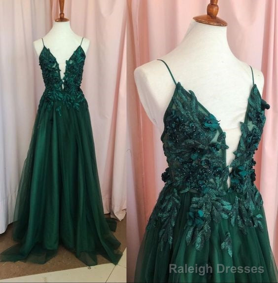 Vintage A Line Straps Appliques Lace-Up Dark Green Tulle Prom Dresses