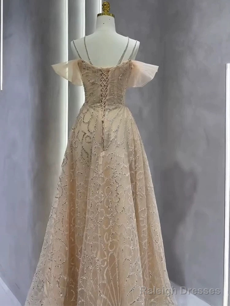 Vintage A Line Straps Champagne Tulle Long Prom Dresses Party Evening Dress Secondary image