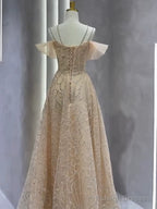 Vintage A Line Straps Champagne Tulle Long Prom Dresses Party Evening Dress