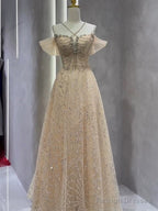 Vintage A Line Straps Champagne Tulle Long Prom Dresses Party Evening Dress