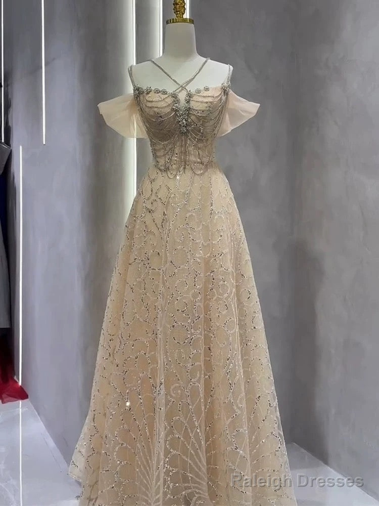 Vintage A Line Straps Champagne Tulle Long Prom Dresses Party Evening Dress Main image