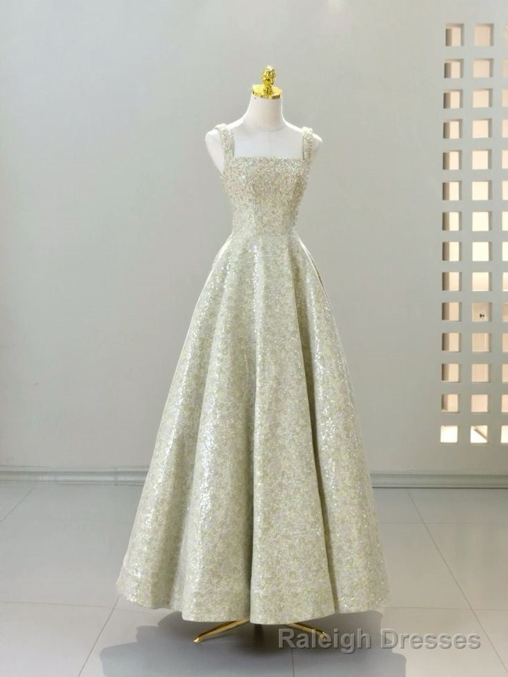 Vintage A line Straps Sequin Satin Long Evening Dress Prom Dresses Main image