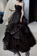 Vintage A-Line Strapless Sleeveless Long Black Prom Dresses