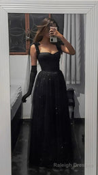 Vintage A line Straps Sleeveless Long Tulle Black Prom Dress