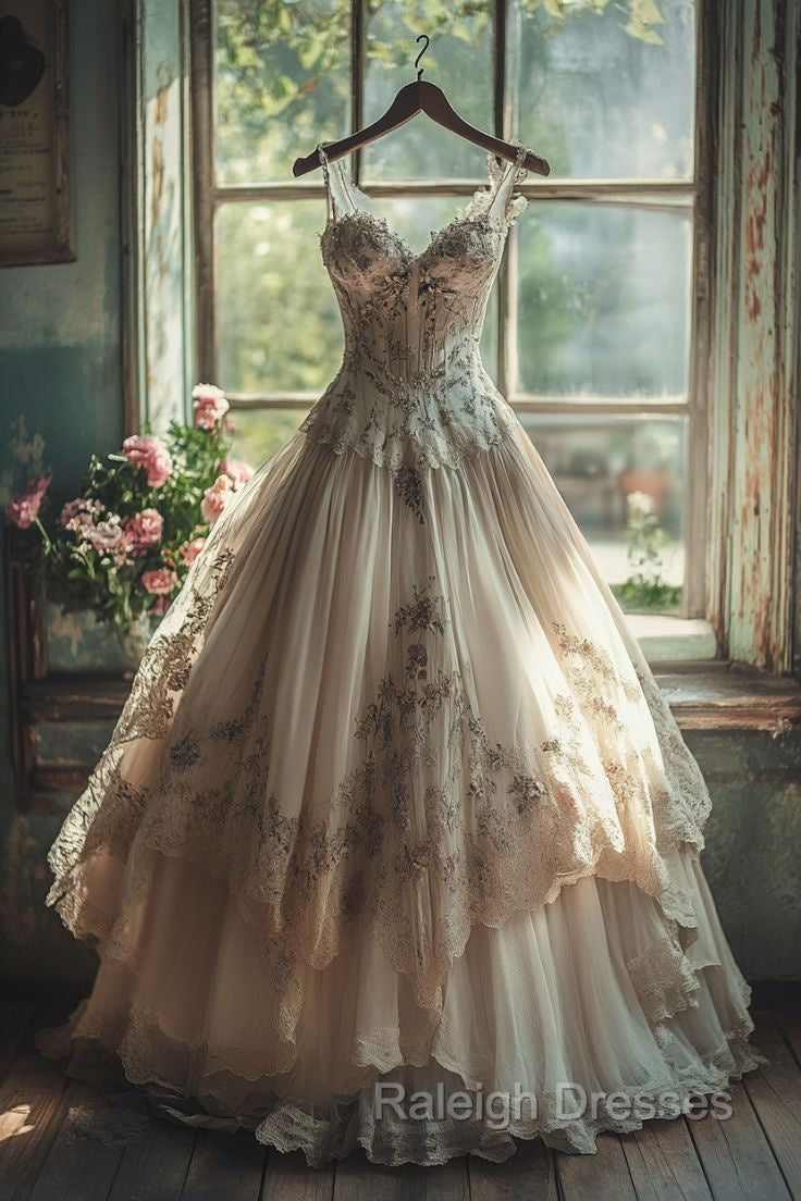 Vintage A-Line Sweetheart Neck Tulle Lace Long Prom Dress Applique Sweet Flower Formal Dress Secondary image