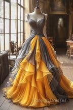 Vintage A-Line Tulle V-Neck Long Ball Gowns, Spaghetti Straps Formal Prom Gowns