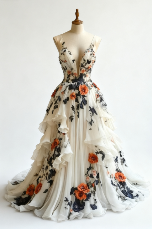 Fairytale A-Line Wedding Dresses Œ¸Chiffon 3D Applique Prom Dresses