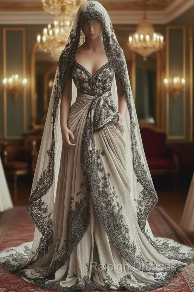 Vintage A-Line V-Neck Lace Appliqu Long Prom Dress With Veil Wedding Dress