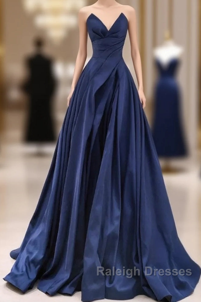Vintage A-Line V Neck Satin Dark Blue Long Prom Dress, Blue Long Formal Dress Main image