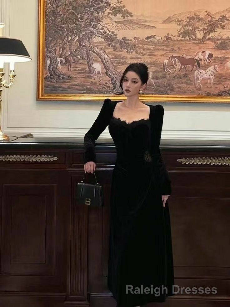 Vintage Balck Long Sleeve Dress Woman Elegant Fashion Velvet Prom Dresses