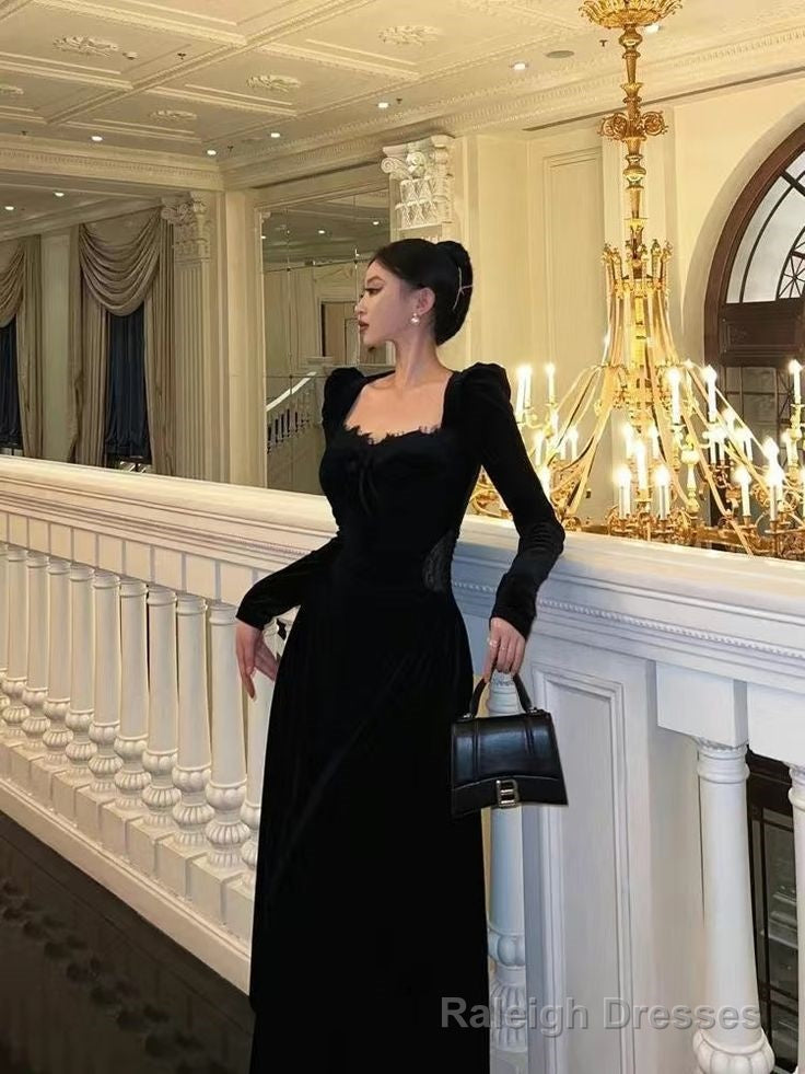 Vintage Balck Long Sleeve Dress Woman Elegant Fashion Velvet Prom Dresses Main image