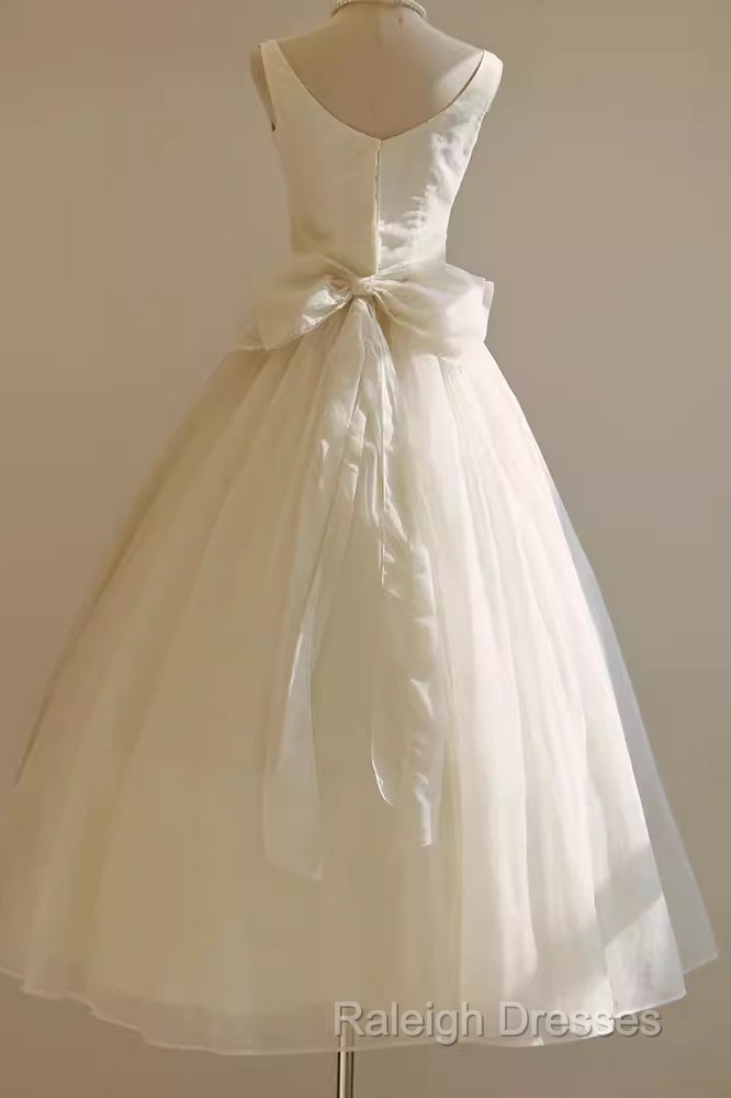 Vintage Ball Gown Bateau White Tea Length Wedding Dress Brides Dresses
