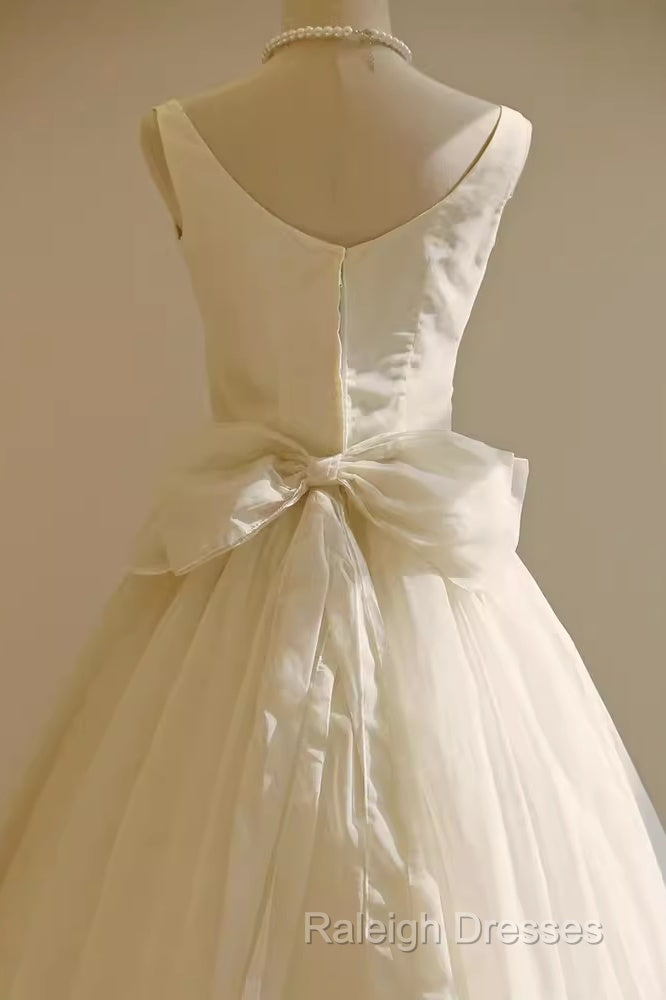 Vintage Ball Gown Bateau White Tea Length Wedding Dress Brides Dresses