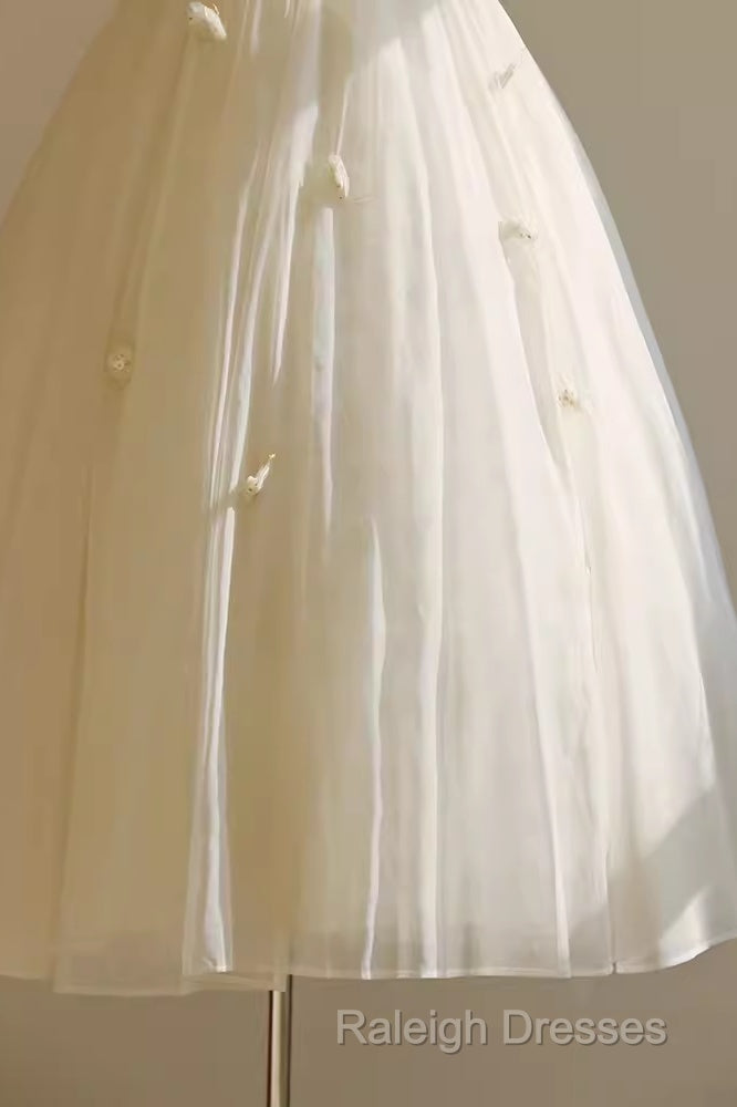 Vintage Ball Gown Bateau White Tea Length Wedding Dresses Brides Dress