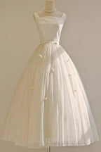 Vintage Ball Gown Bateau White Tea Length Wedding Dress Brides Dresses
