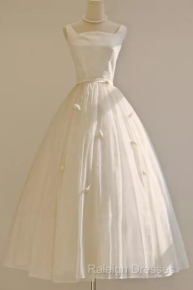 Vintage Ball Gown Bateau White Tea Length Wedding Dress Brides Dresses
