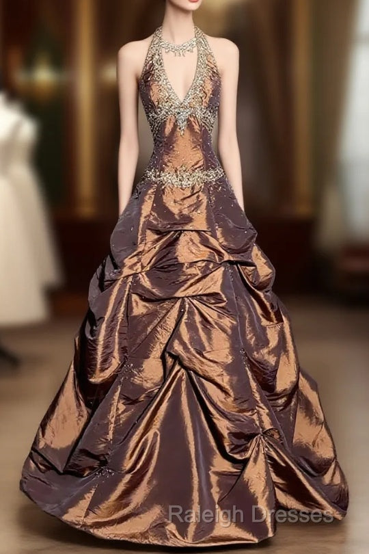 Vintage Ball Gown Halter Brown Sleeveless Long Prom Gown Fairy Prom Dresses Main image