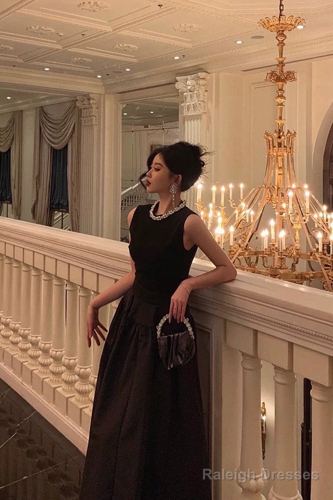 Vintage Ball Gown Jewel Sleeveless Black Satin Prom Dresses Birthday Outfits