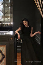 Vintage Ball Gown Jewel Sleeveless Black Satin Prom Dresses Birthday Outfits