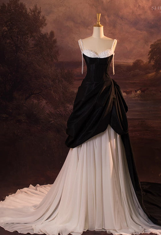 Vintage Ball Gown Spaghetti Straps Black Long Prom Dresses 1950S Retro Evening Dress