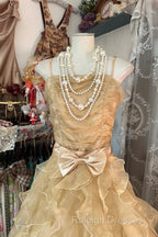 Vintage Ball Gown Spaghetti Straps Sleeveless Long Gold Evening Dress Prom Dresses