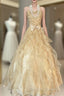 Vintage Ball Gown Spaghetti Straps Sleeveless Long Gold Evening Dress Prom Dresses