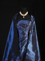Vintage Ball Gown Strapless Navy Blue Satin Long Prom Dresses Party Dress