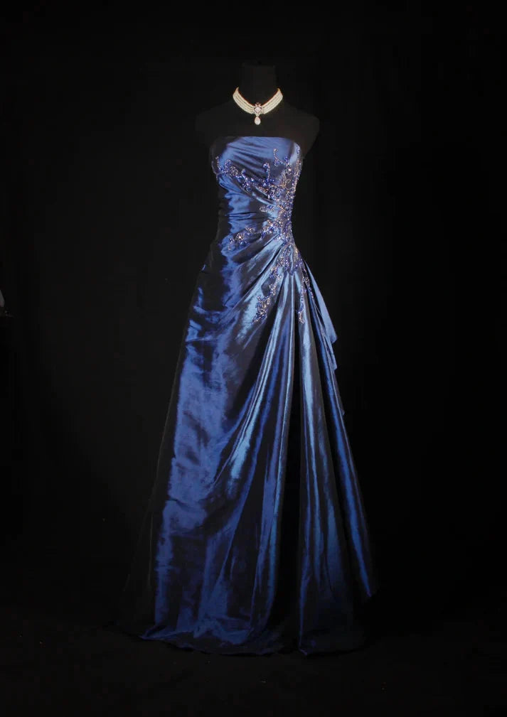 Vintage Ball Gown Strapless Navy Blue Satin Long Prom Dresses Party Dress Main image