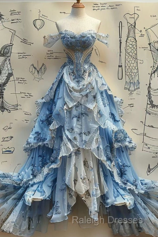 Vintage Ball Gown Strapless Off The Shoulder Blue Lace Prom Dresses Party Dress