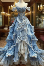 Vintage Ball Gown Strapless Off The Shoulder Blue Lace Prom Dress