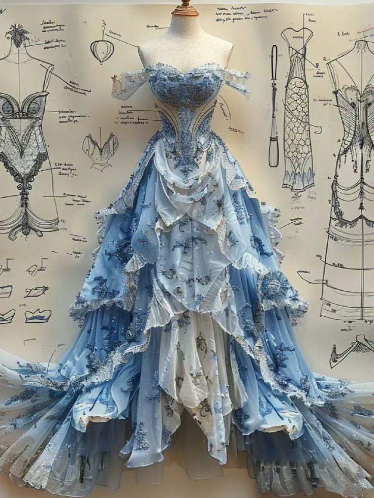 Vintage Ball Gowns Strapless Off The Shoulder Blue Lace Prom Dress Prom Dresses Main image