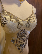 Vintage Beige Gold Irregular Strap Beaded Lace Formal Prom Dress