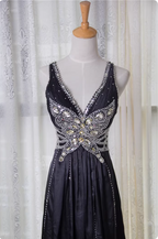 Vintage Black A-Line V-Neck Open Back Butterfly Rhinestone Beaded Satin Long Formal Prom Dress