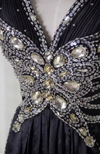 Vintage Black A-Line V-Neck Open Back Butterfly Rhinestone Beaded Satin Long Formal Prom Dress
