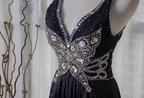 Vintage Black A-Line V-Neck Open Back Butterfly Rhinestone Beaded Satin Long Formal Prom Dress