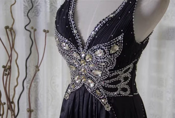 Vintage Black A-Line V-Neck Open Back Butterfly Rhinestone Beaded Satin Long Formal Prom Dress