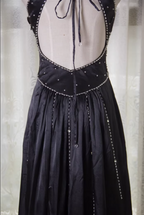 Vintage Black A-Line V-Neck Open Back Butterfly Rhinestone Beaded Satin Long Formal Prom Dress