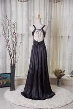 Vintage Black A-Line V-Neck Open Back Butterfly Rhinestone Beaded Satin Long Formal Prom Dress