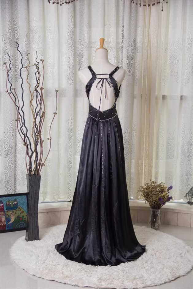 Vintage Black A-Line V-Neck Open Back Butterfly Rhinestone Beaded Satin Long Formal Prom Dress