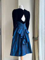 Vintage Black And Blue A-Line Long-Sleeved Velvet And Satin Formal Prom Dress