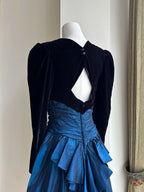 Vintage Black And Blue A-Line Long-Sleeved Velvet And Satin Formal Prom Dress