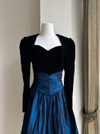 Vintage Black And Blue A-Line Long-Sleeved Velvet And Satin Formal Prom Dress