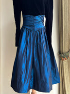 Vintage Black And Blue A-Line Long-Sleeved Velvet And Satin Formal Prom Dress