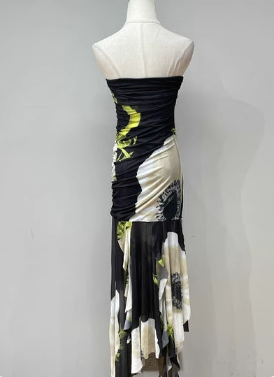 Vintage Black Base Floral Print Irregular Strapless Chiffon Long Formal Prom Dress Secondary image