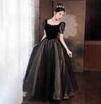 Vintage Black & Gold A-Line Square Neck Puff Sleeve Velvet Gold Shimmer Tulle Long Formal Prom Dress