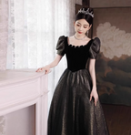 Vintage Black & Gold A-Line Square Neck Puff Sleeve Velvet Gold Shimmer Tulle Long Formal Prom Dress